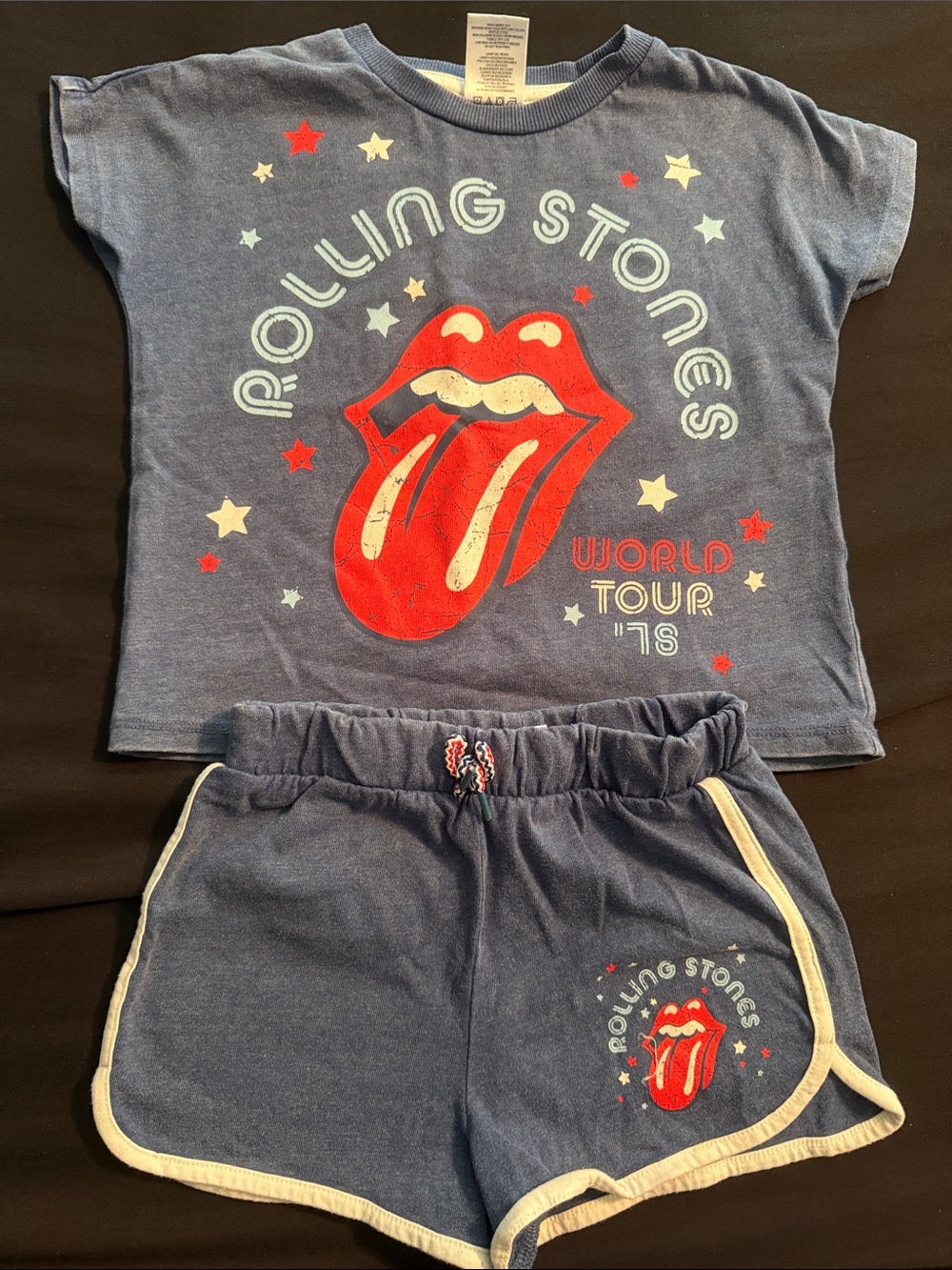 Rolling Stones Blue Logo Tee & Shorts Set with Red Tongue Graphic